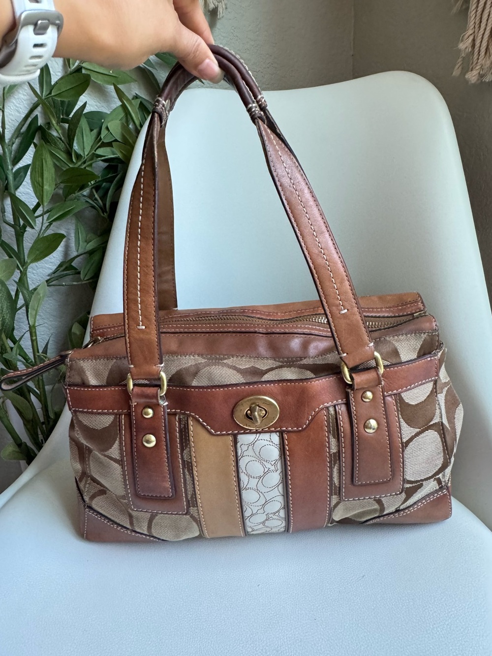 Coach 10816 Signature Patchwork Turnlock Satchel Brown Leather Vintage Y2K